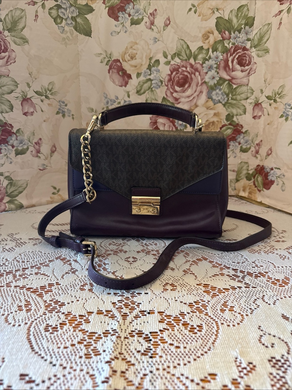 Michael kors Structured Top-Handle Crossbody Bag in Deep Purple and Brown